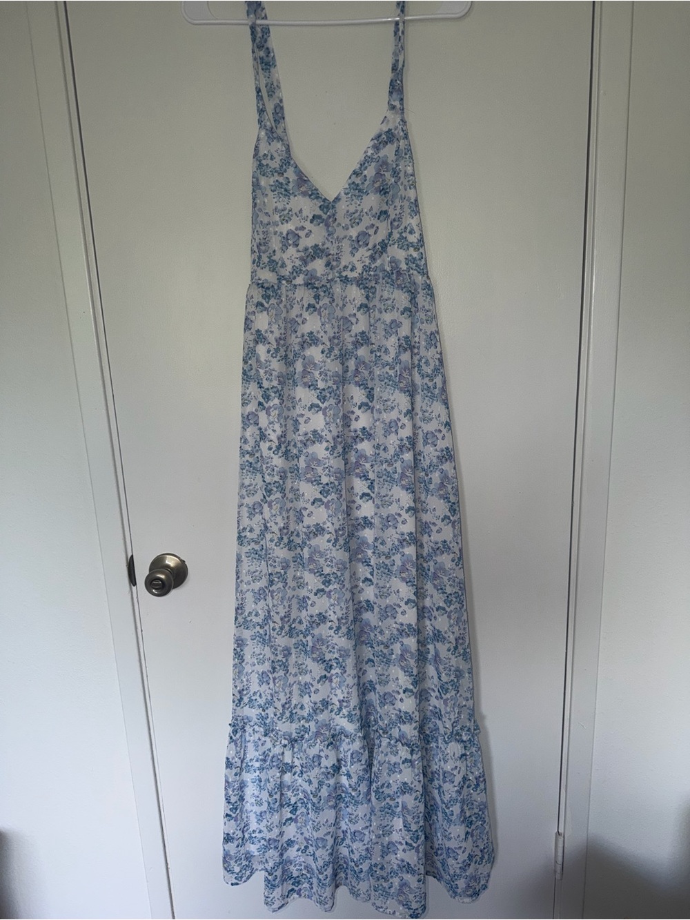 Lulus Blue Floral Maxi Dress Adjustable Straps Swiss Dot Ruffle Hem Size Small - Picture 2 of 9